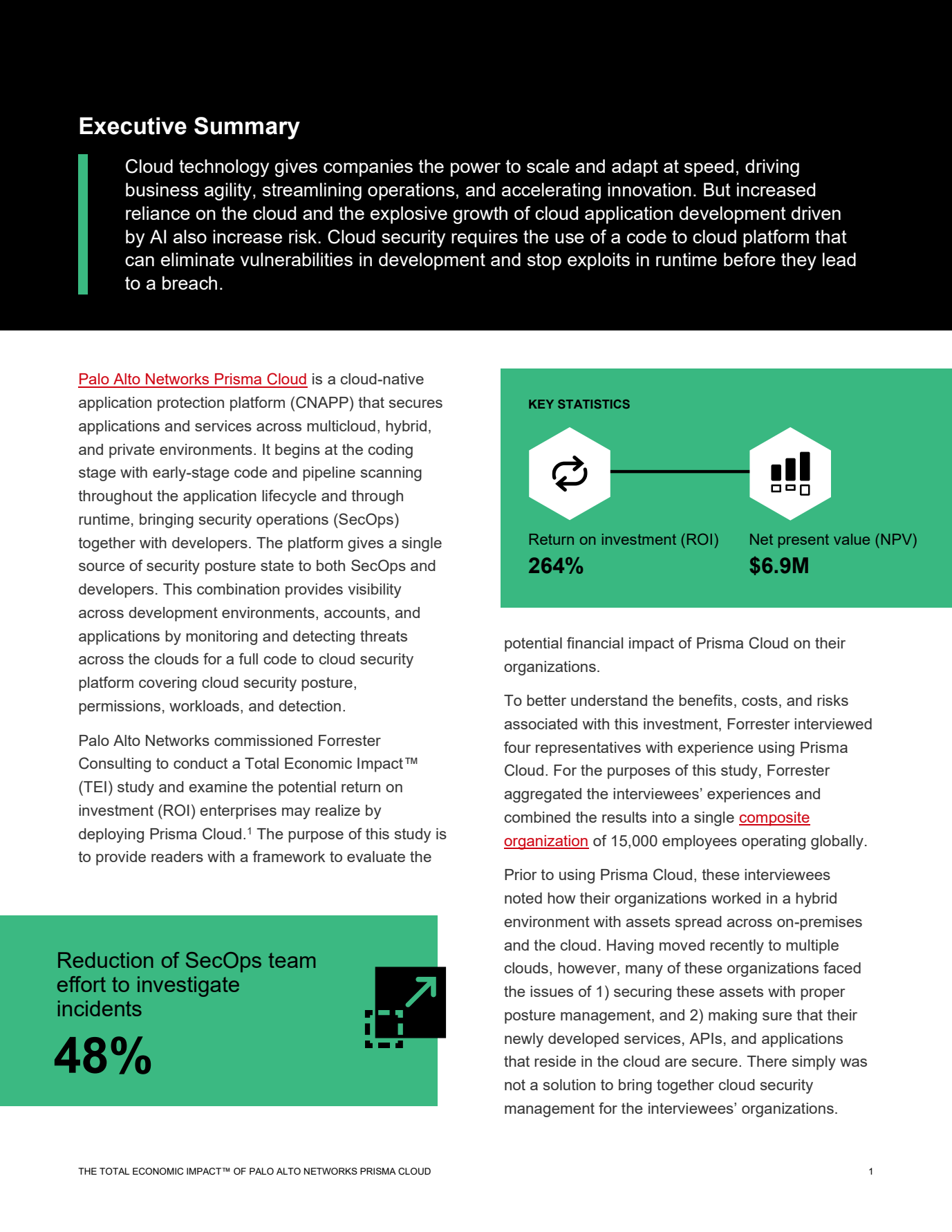 Summary of quantified Prisma Cloud business benefits from the Forrester Total Economic Impact study